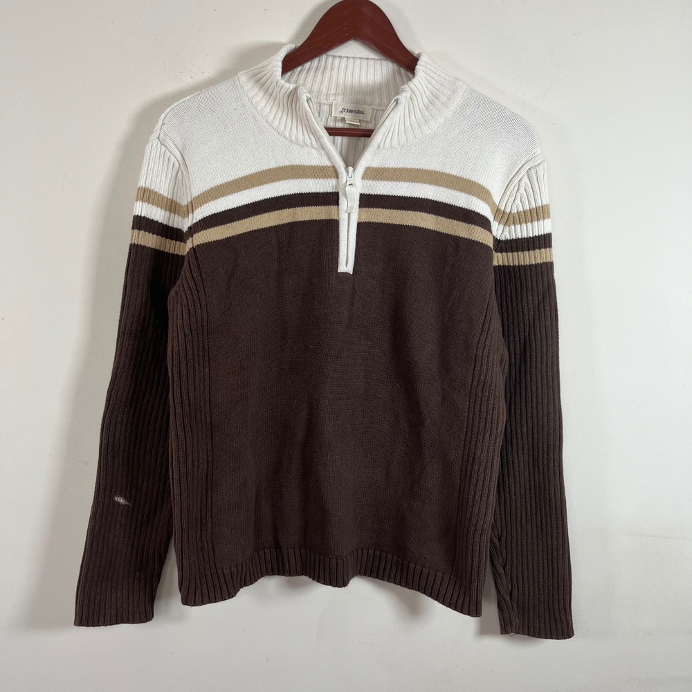 Vintage Y2K St John's Bay Chocolate Brown Ribbed Quarter Zip Sweater Striped - Picture 2 of 8